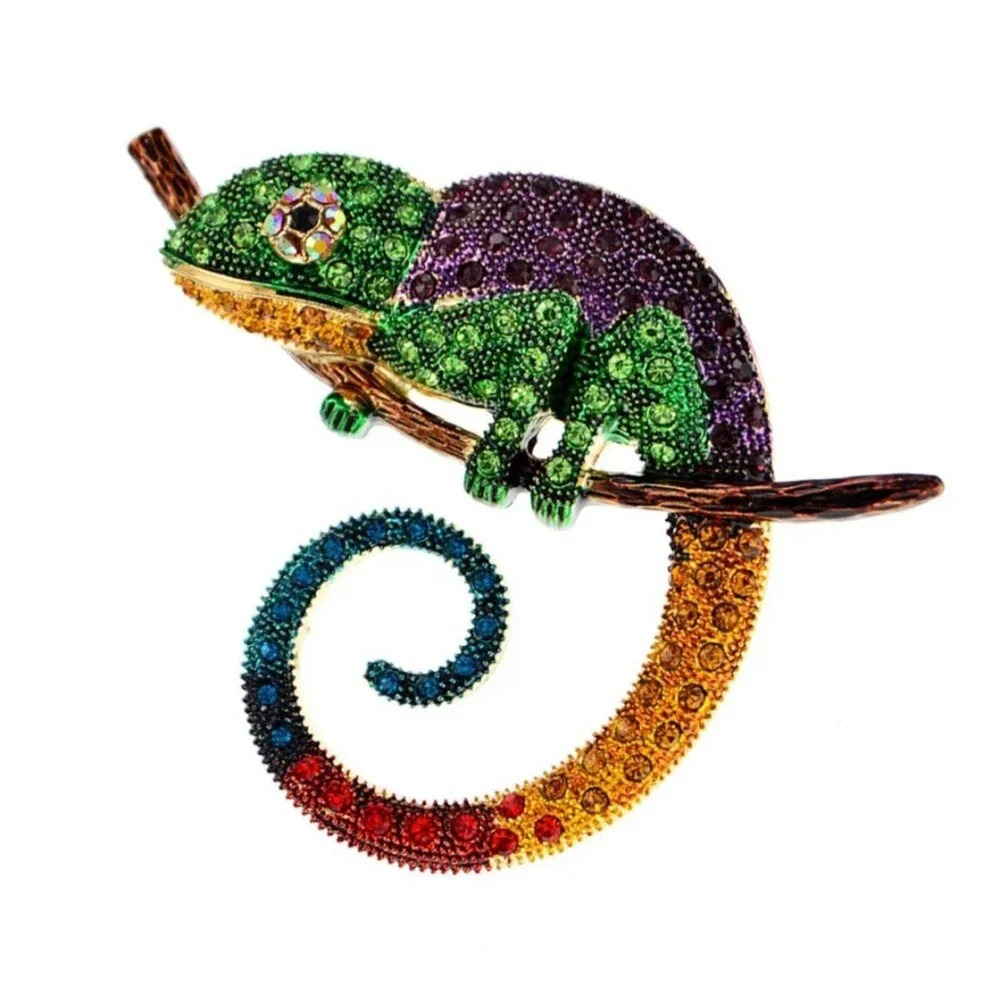 Gorgeous Enameled Chameleon Brooch Pin with Rhinestones Cute Animal Jewelry Gift